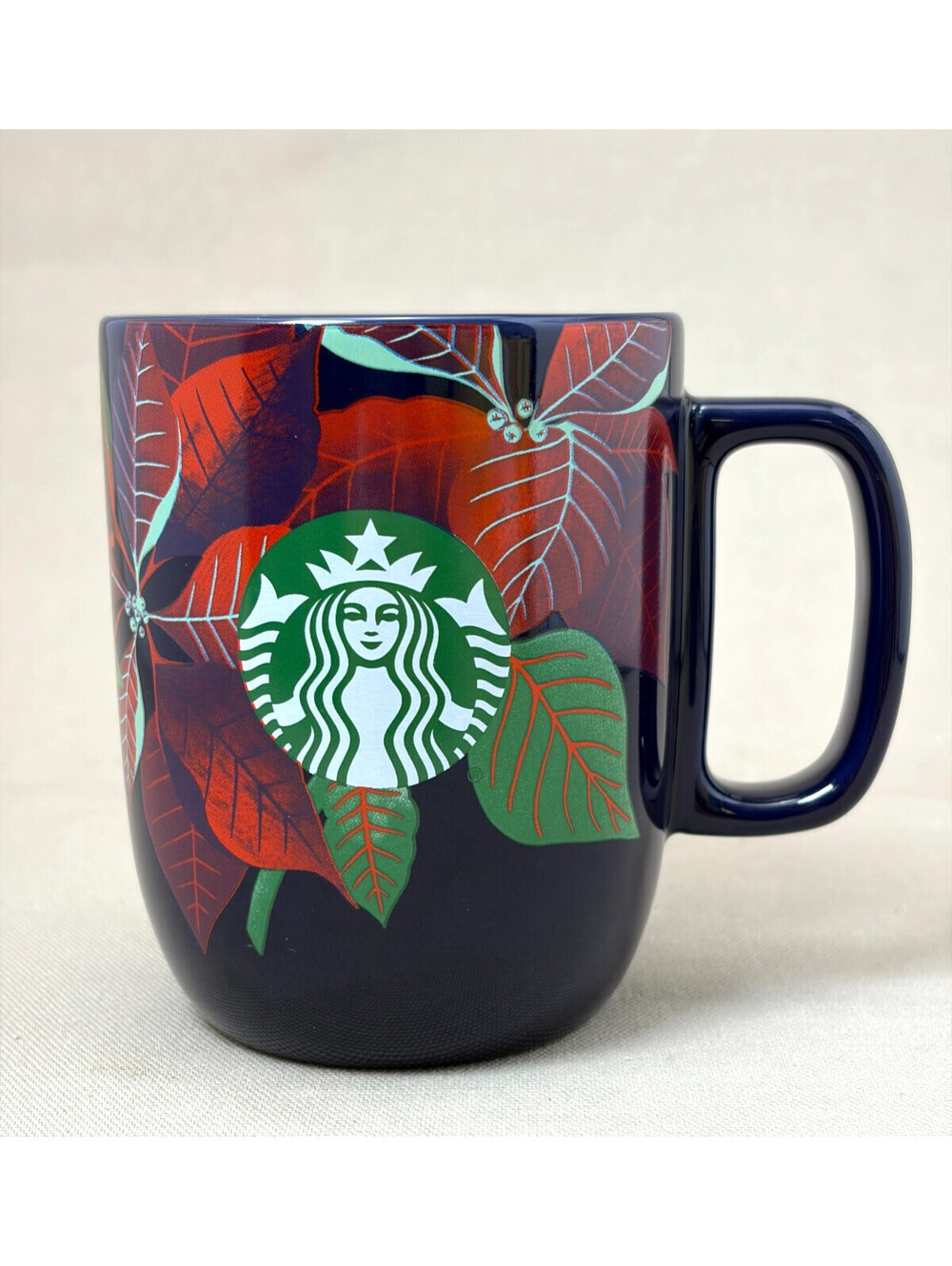 Starbucks Siren Logo Coffee Mug 12 oz Blue Floral Poinsettia Holiday Botanical